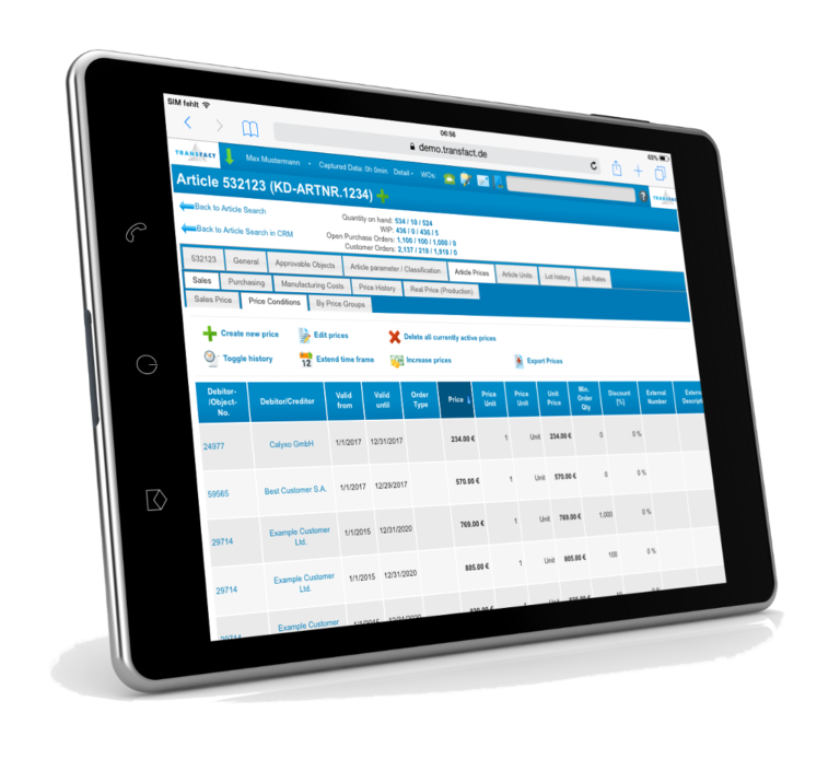 Transfact CRM Price Conditions Table iPad Screenshot Transfact CRM-Preisbedingungen Tabelle iPad Screenshot