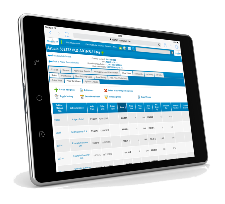 Transfact CRM-Preisbedingungen Tabelle iPad Screenshot