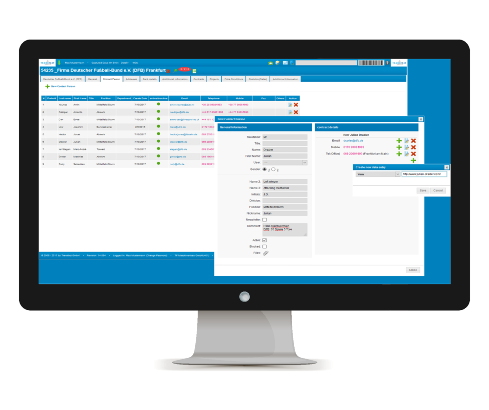 Transfact CRM Contacts Editing Screen