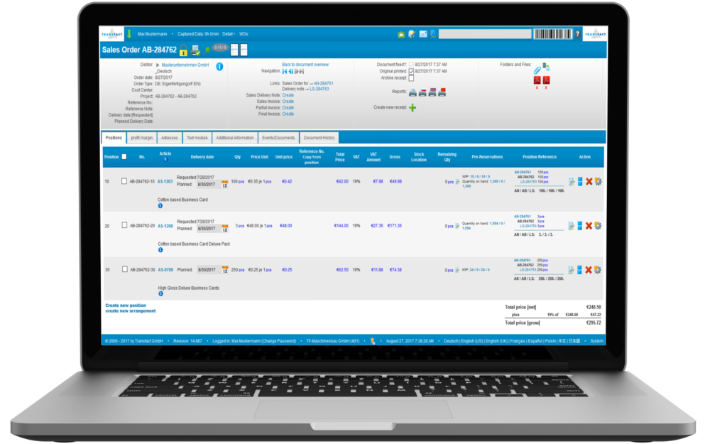 Transfact CRM Sales Order Screen