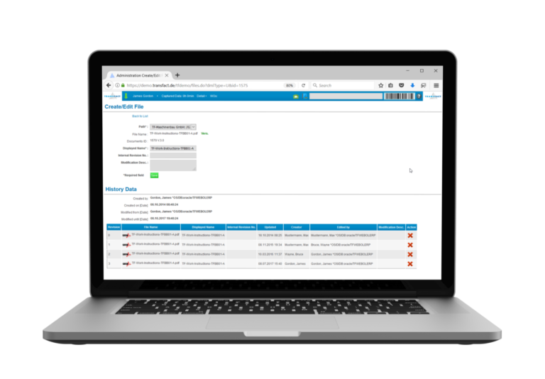 Transfact DMS Revision Control and History Transfact DMS Revisionskontrolle und Historie