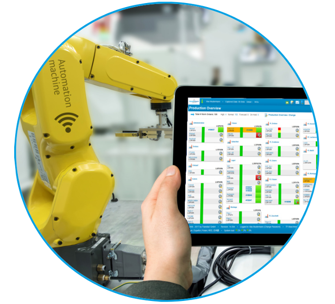 Transfact MES Production Overview in Tablet with Robot Transfact PPS Fertigungsübersicht Tablet mit Roboter