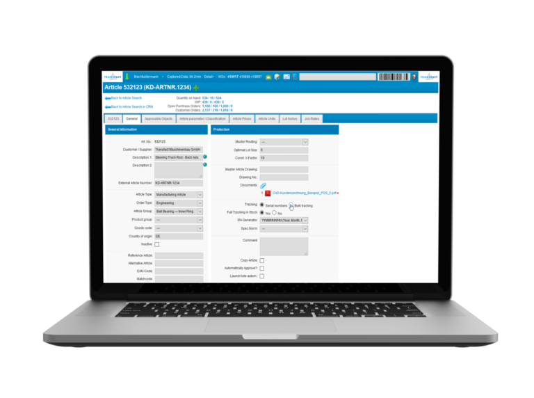 Transfact Stock Article Options Screen Transfact Lagerartikel