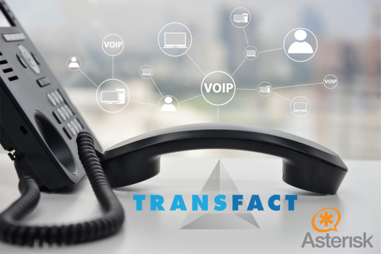 Voice over IP Asterisk Interface integrated in the Transfact System IP Phone with VoIP icon + Transfact Logo + Asterisk Logo
