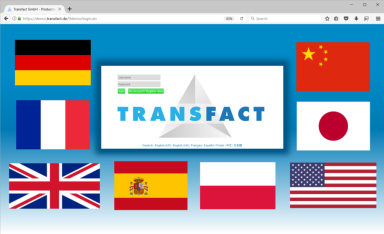 Transfact System Available Languages Transfact-Anmeldeseite mit Sprachflaggen